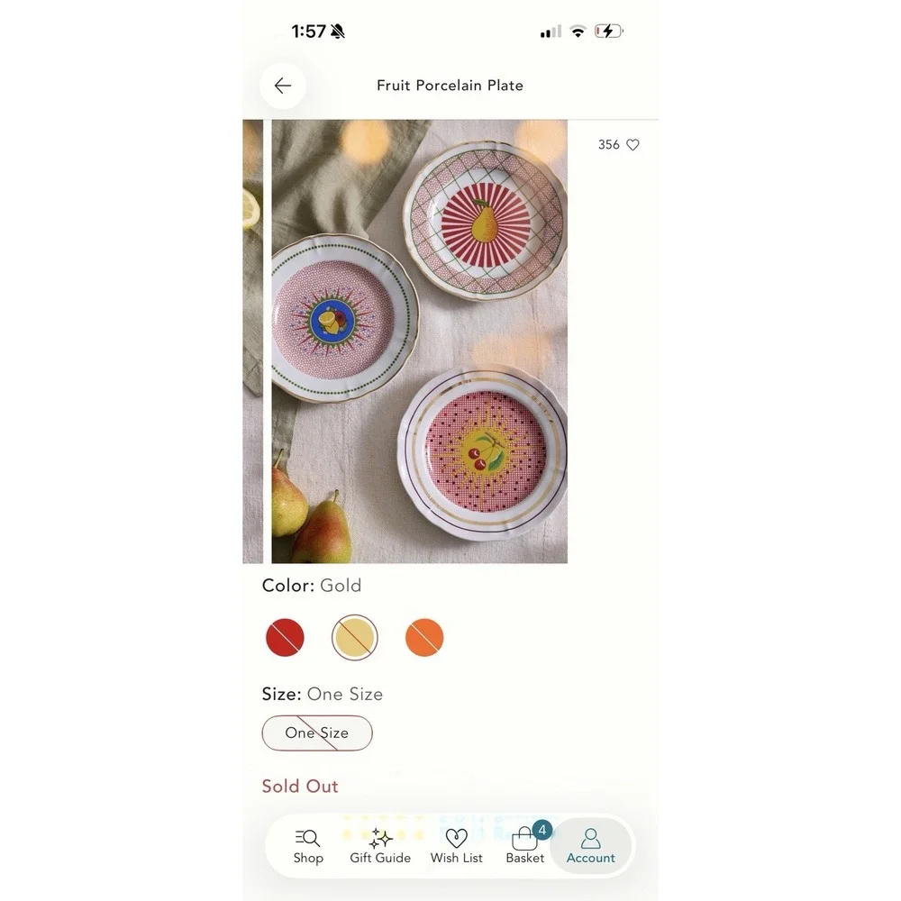 Anthropologie Fruit Pattern Porcelain Dessert Plate Gold Detailing 8